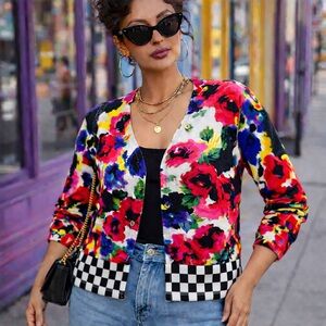 Abstract Floral Cardigan with Checkerboard Hem | Artsy Statement Sweater XL